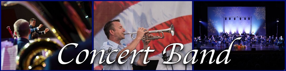 A three-part graphic created to show three scenes of the Heritage of America Concert Band.  There is a blue border around the outside and between the images.  On the left is a close photo of a tuba player, in the center a trumpet player performs in light blue uniform in front of an American flag, and on the right the full concert band sits on a dark stage illuminated by bright lights.  White text above them all reads "Concert Band" in italics.