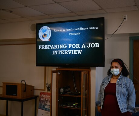 Jennifer Barbour, Airman and Family Readiness Center community readiness consultant on Vandenberg Space Force Base, Calif. presents her slides to a class on how to prepare for a job interview. (U.S. Space Force photo by Airman 1st Class Tiarra Sibley)