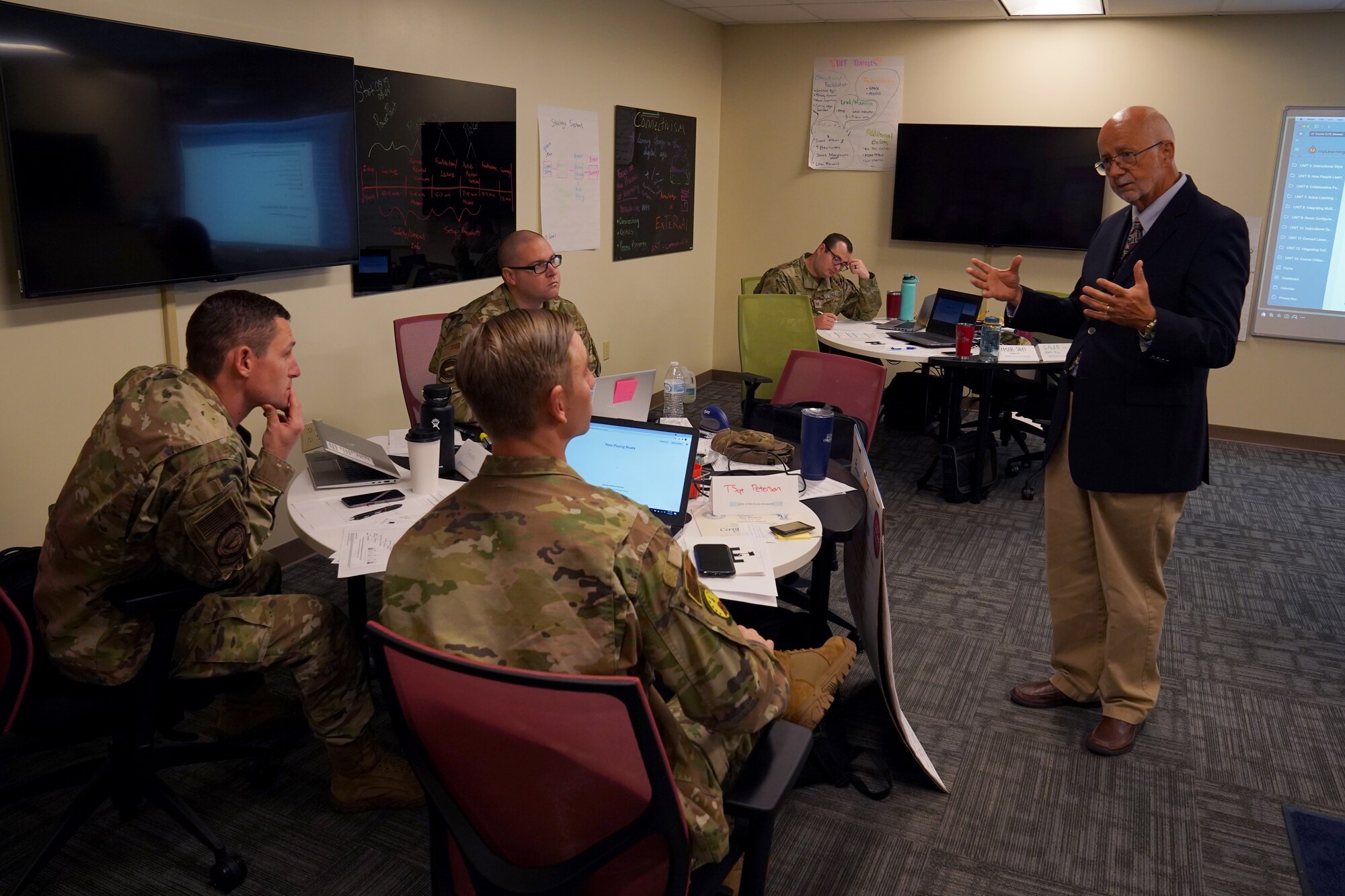 Tim Boileau, 81st Training Support Squadron Enhanced Learning & Instruction Techniques Enrichment course director, teaches learning techniques during the ELITE course inside Allee Hall at Keesler Air Force Base, Dec. 15, 2021. The ELITE course introduces active and hands-on learning techniques to Air Force and Space Force instructors to enhance student engagement. (U.S. Air Force photo by Senior Airman Seth Haddix)
