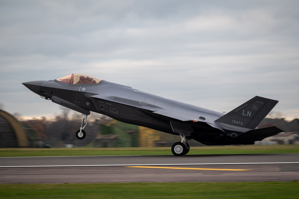 A U.S. Air Force F-35A Lightning II assigned to the 495th Fighter Squadron lands on the flightline at Royal Air Force Lakenheath, Dec. 15, 2021. The arrival of the 5th-generation aircraft at the Liberty Wing has been planned since 2015, marking its placement within the United Kingdom a critical component for training and combat readiness due to airspace and F-35 program partnership.(U.S. Air Force photo by Senior Airman Koby I. Saunders)