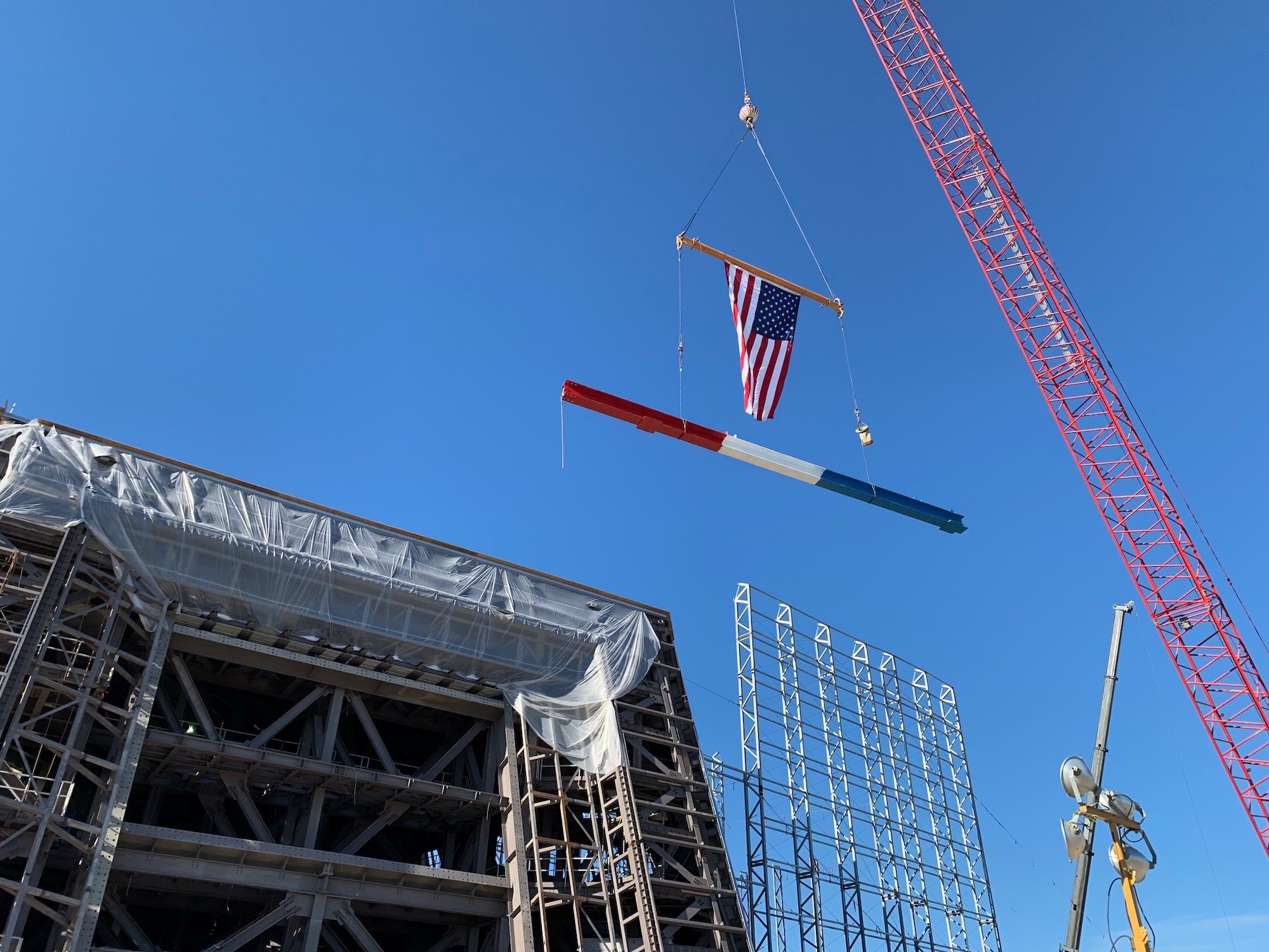 A crane places the final structural beam for the long range discrimination radar’s equipment shelter foundation on June 4, 2019 at Clear Space Force Station in Alaska.