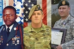 Official photographs of three soldiers looking at the camera.