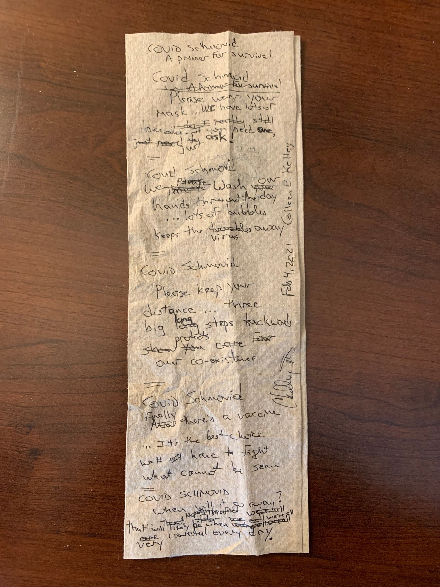 A napkin shows the poem Col. Colleen Kelley, 910th Medical Squadron commander, wrote during a meeting with fellow doctors. She later turned the poem into an illustrated children's book as a light-hearted approach to helping people navigate the pandemic.