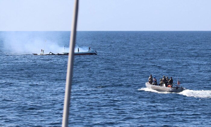 211215-N-NO146-1003
GULF OF OMAN (Dec. 15, 2021) U.S. Sailors assigned to coastal patrol ship USS Sirocco (PC 6) assist mariners in distress in the Gulf of Oman, Dec. 15.