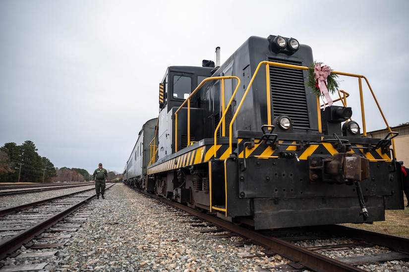 The U.S. Air Force 1663, 80-Ton Locomotive is prepared for Operation Sgt. Santa at Joint Base Langley-Eustis, Virginia, Dec. 10, 2021.