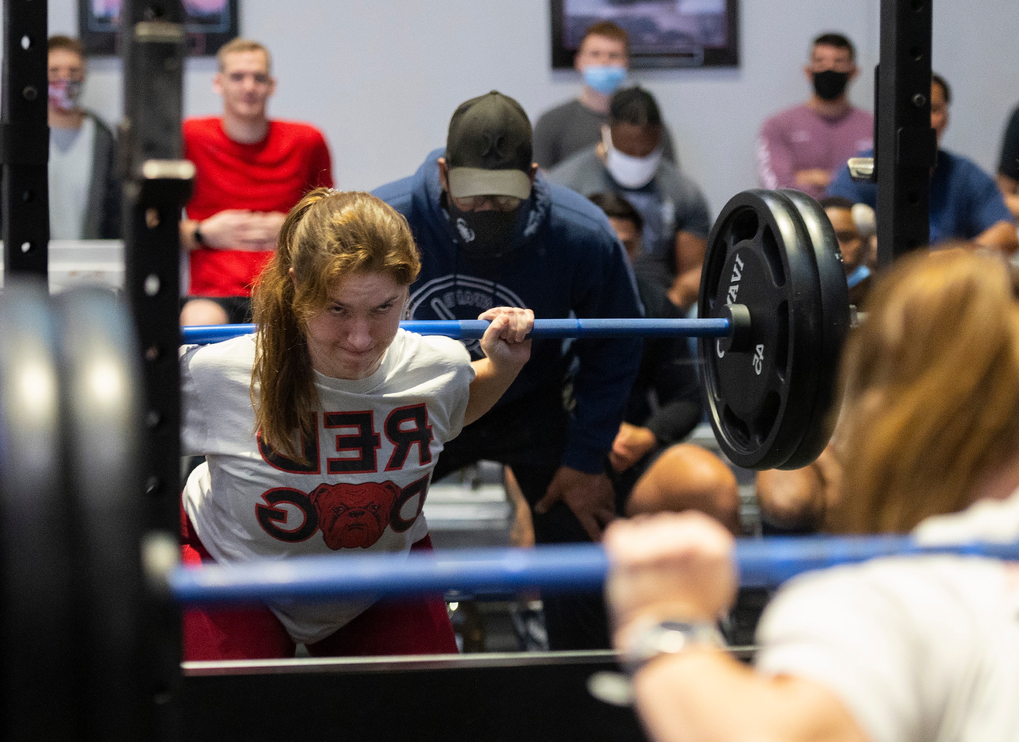 Kiara Vance, Air Force Institute of Technology, performs her second-round squat at the weight of 245 pounds during the
powerlifting competition in the Wright Field Fitness Center Dec. 11, 2020, at Wright-Patterson Air Force Base. Vance powered her way to a third-place finish. (U.S. Air Force photo by R.J. Oriez)