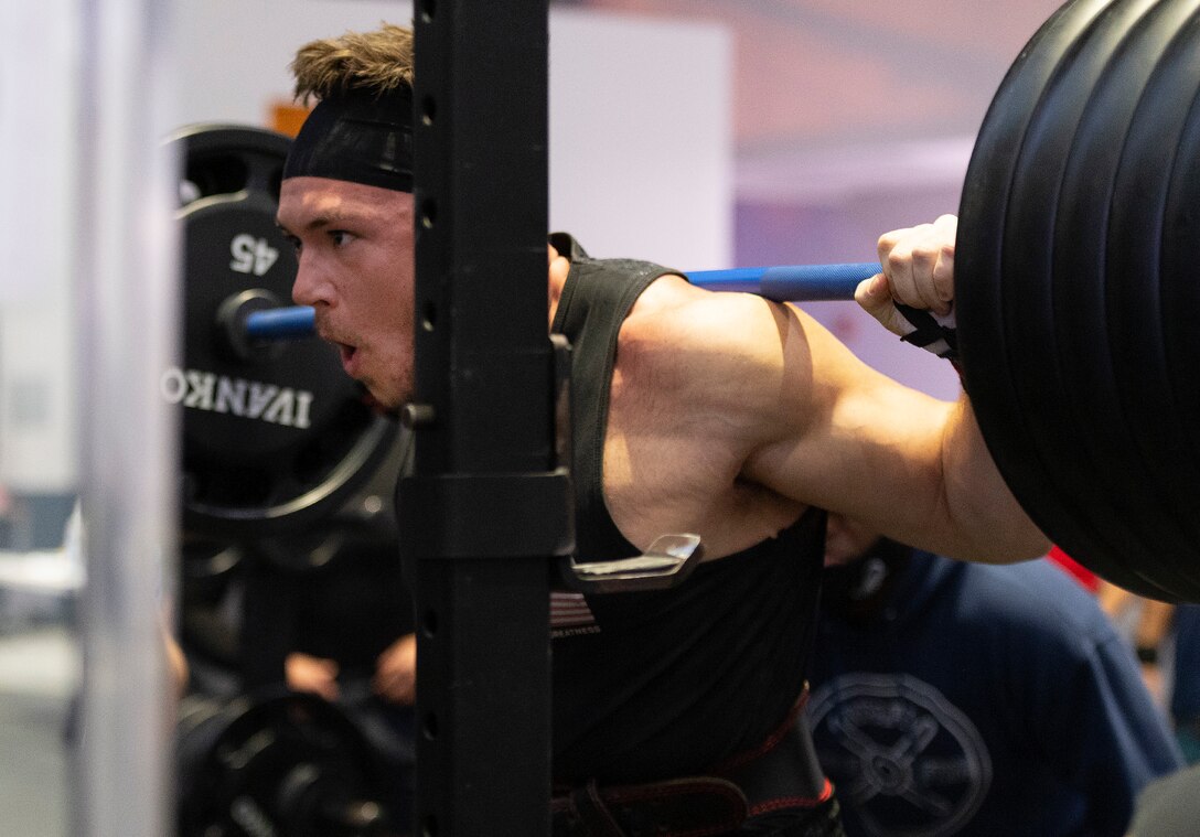 Gavin Anderson squats with 495 pounds in the second round of the powerlifting competition in the Wright Field Fitness Center Dec. 11, 2020, at Wright-Patterson Air Force Base. Anderson finished second in the event. (U.S. Air Force photo by R.J. Oriez)