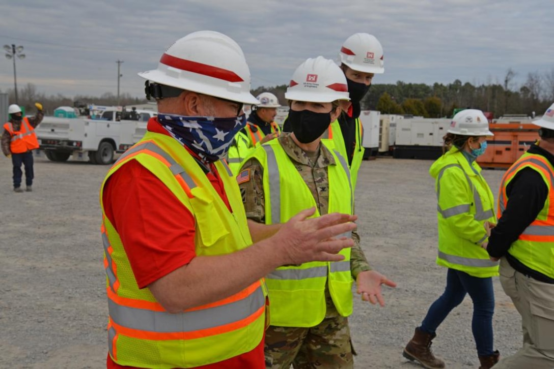 U.S. Army Corps of Engineers Great Lakes and Ohio River Division Commander Col. Kimberly Peeples visits the generator staging base in Greenville, Kentucky, Dec. 15, 2021.