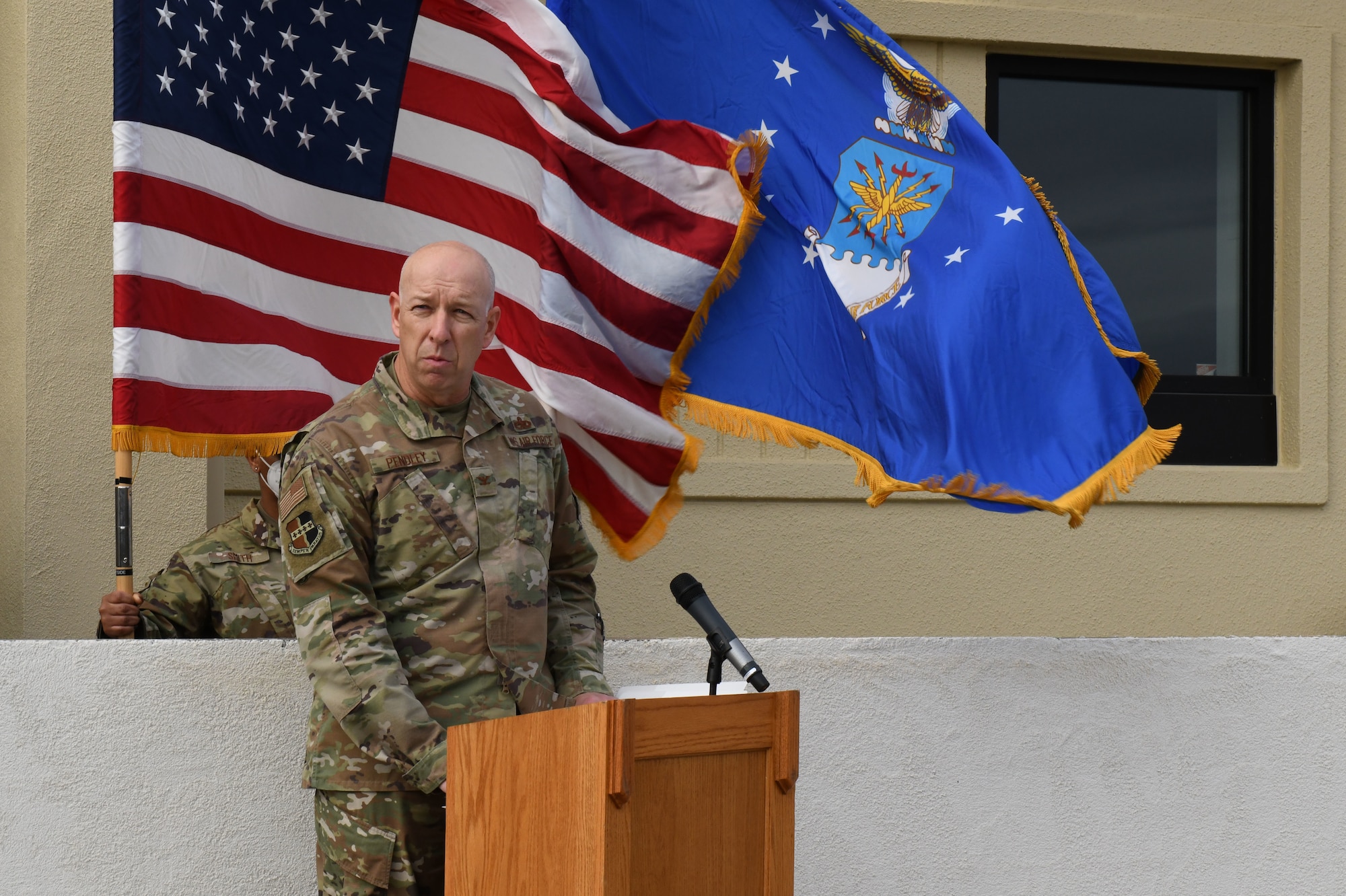 Col. Scotty Pendley, 9th Reconnaissance Wing A4/7 Director, gives his remarks at the Dragon’s Lair ribbon cutting ceremony Dec. 15, 2021, at Beale Air Force Base, California.