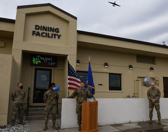Maj. Joseph Mitchell, 9th Force Support Squadron commander, gives his remarks alongside Beale Airmen during the Dragon’s Lair ribbon cutting ceremony Dec. 15, 2021, at Beale Air Force Base, California.