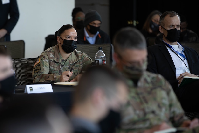 Sgt. Maj. Julie A.M Guerra, deputy chief of staff, G-2, listens to junior enlisted Soldiers brief at the U.S. Army People First Task Force Solarium at West Point, NY, March 19, 2021. The Solarium was held to help junior service members to communicate with the Army’s senior leaders about finding solutions to important issues occurring in the Army. (U.S. Army photo by Sgt. Elizabeth Rundell)