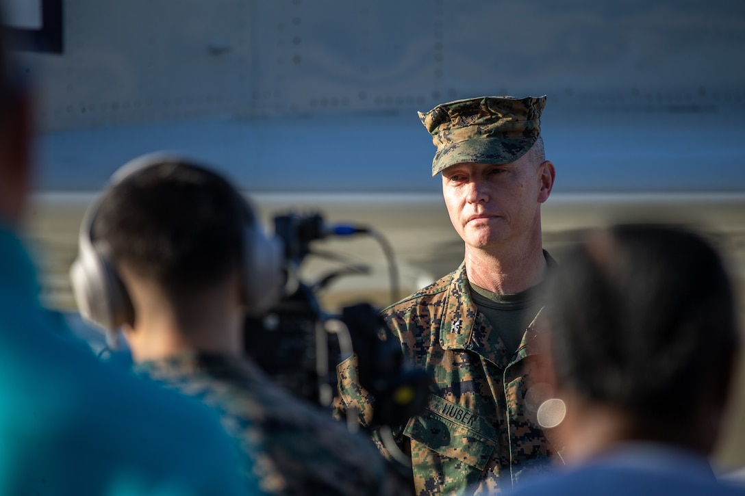 U.S. Marine Corps Col. Mikel Huber, commanding officer of Marine Corps Air Station (MCAS) Cherry Point, thanks the community at a press event at Miller’s Landing, MCAS Cherry Point, North Carolina, Dec. 15, 2021. The installation was awarded three separate awards for the 2021 MCAS Cherry Point Air Show and 80th Anniversary Celebration. Without the help from the surrounding community, the air show wouldn’t have happened. (U.S. Marine Corps Photo by Lance Cpl. Jacob Bertram)