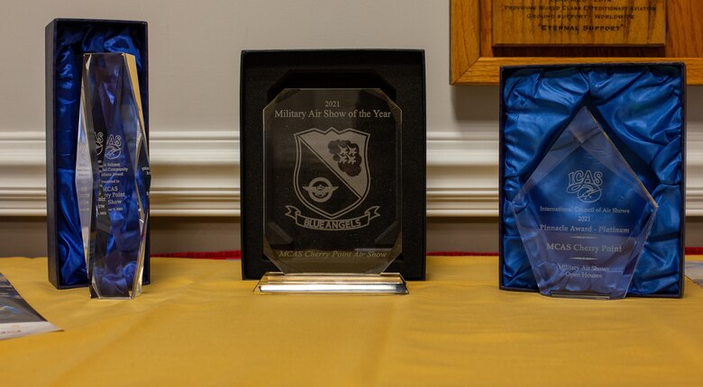 Marine Corps Air Station (MCAS) Cherry Point was awarded three different awards for the 2021 MCAS Cherry Point Air Show and 80th Anniversary Celebration. The awards were the 2021 Pinnacle Platinum Award, 2021 Dick Schram Memorial Community Relations Award, and 2021 Blue Angels Military Air Show of the Year. Without the support of the local community, winning these awards wouldn’t have happened. (U.S. Marine Corps Photo by Lance Cpl. Jacob Bertram)