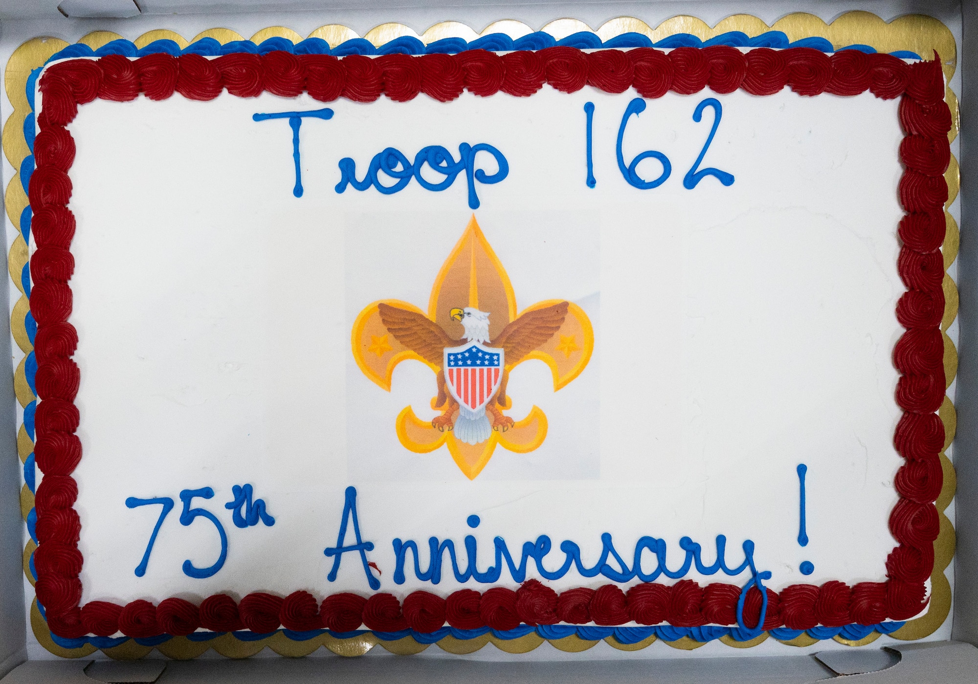 A cake commemorates the 75th anniversary of Boy Scout Troop 162 in Fairborn, Ohio, Dec. 13, 2021. The troop started out as the Wright-Patterson Air Force Base troop in 1946. (U.S. Air Force photo by R.J. Oriez)