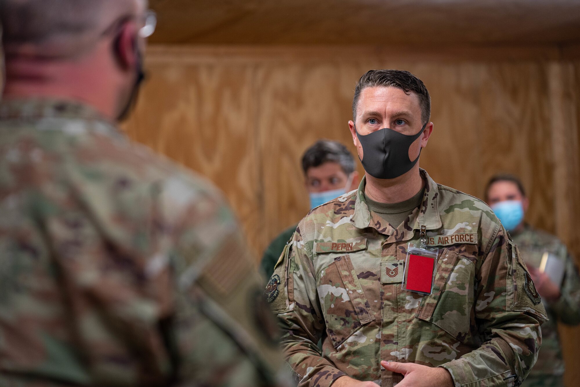 Photo of U.S. Air Force Tech. Sgt. Adam Peppin, 644th Combat Communications Squadron, Anderson Air Force Base, Guam, briefs during the Agile Combat Employment Command, Control and Communications Rehearsal