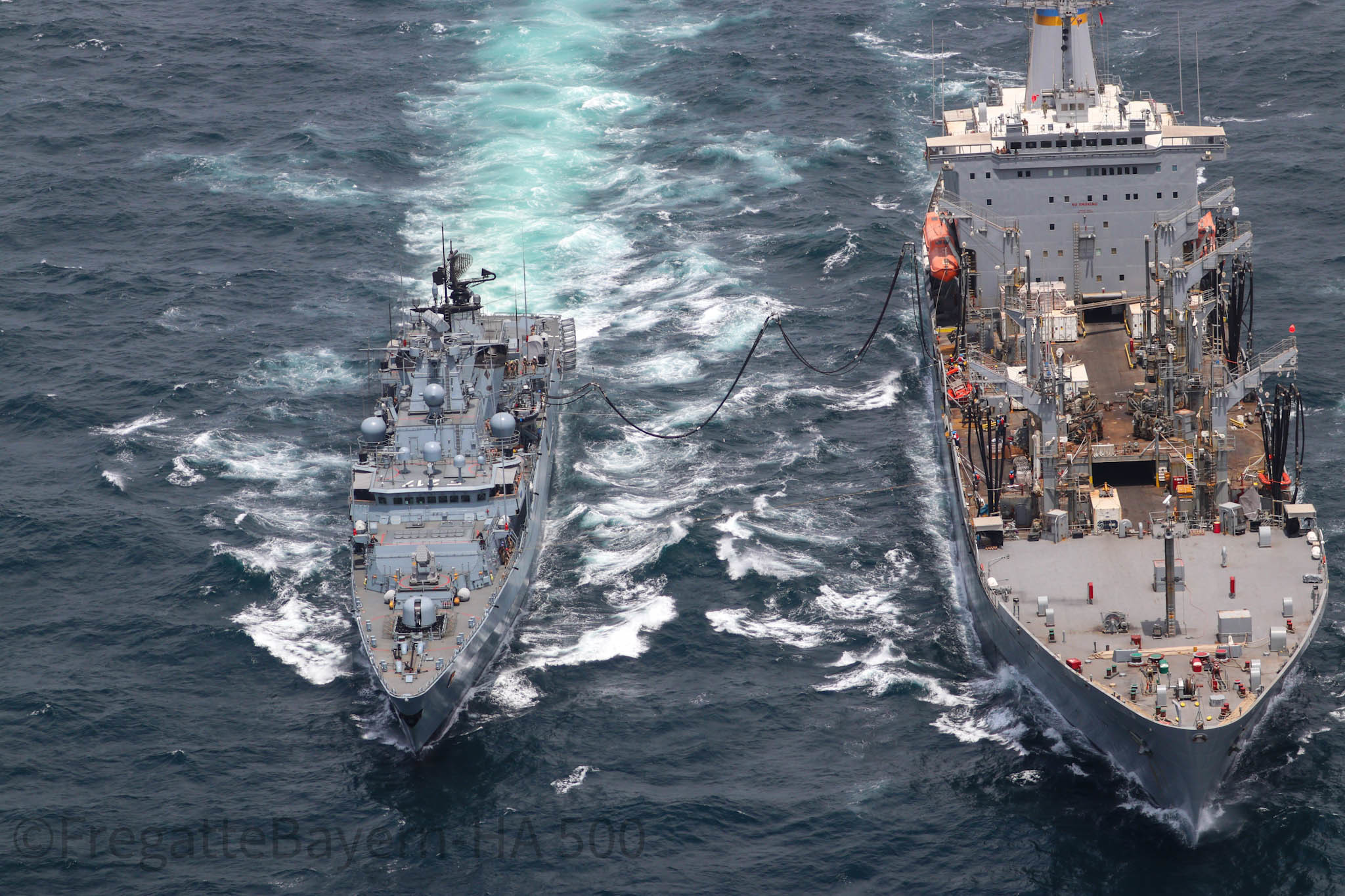 USNS John Lenthall (T-AO 189) provides replenishment services to F 217 FGS Bayern, a Brandenburg-class frigate of the German Navy, during its five-month deployment overseas.