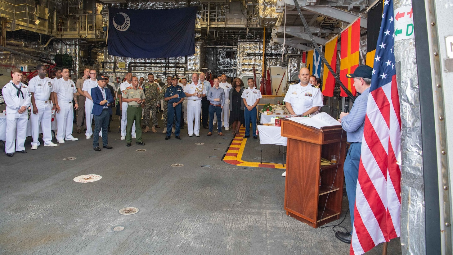 DILI, Timor-Leste (Dec. 8, 2021) Thomas E. Daley, charge d’affaires, United States Embassy Dili, Timor-Leste, speaks with Sailors at a reception aboard Independence-variant littoral combat ship USS Charleston (LCS 18), during a port visit to Dili, Timor-Leste. Charleston, part of Destroyer Squadron (DESRON) 7, is on a rotational deployment in the U.S. 7th Fleet area of operation to enhance interoperability with partners and serve as a ready-response force in support of a free and open Indo-Pacific region. (U.S. Navy photo by Mass Communication Specialist 2nd Class Ryan M. Breeden)