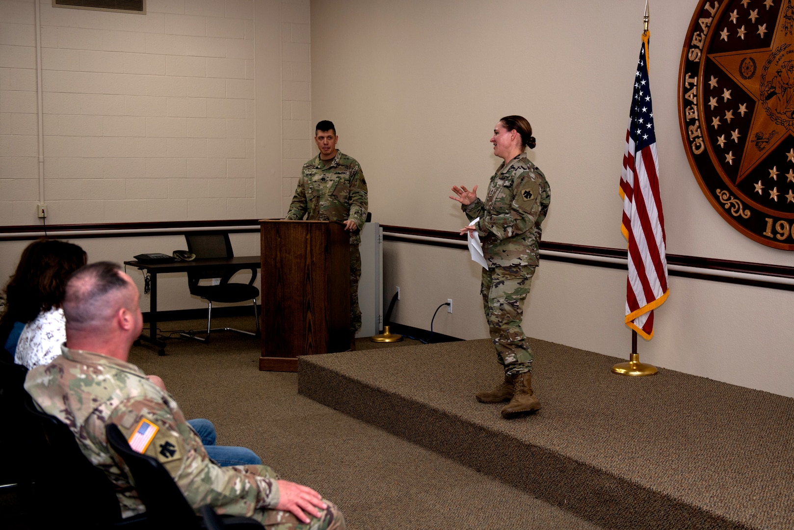 Oklahoma National Guard Master Sgt. Megan Mathews, battalion operations sergeant with the 1st Battalion, 160th Field Artillery Regiment, 45th Infantry Brigade Combat Team, delivers a thank you speech during her promotion ceremony held at Joint Force Headquarters in Oklahoma City, Dec. 15, 2021. (Oklahoma National Guard photo by Sgt. 1st Class Mireille Merilice-Roberts)