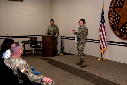 Oklahoma National Guard Master Sgt. Megan Mathews, battalion operations sergeant with the 1st Battalion, 160th Field Artillery Regiment, 45th Infantry Brigade Combat Team, delivers a thank you speech during her promotion ceremony held at Joint Force Headquarters in Oklahoma City, Dec. 15, 2021. (Oklahoma National Guard photo by Sgt. 1st Class Mireille Merilice-Roberts)