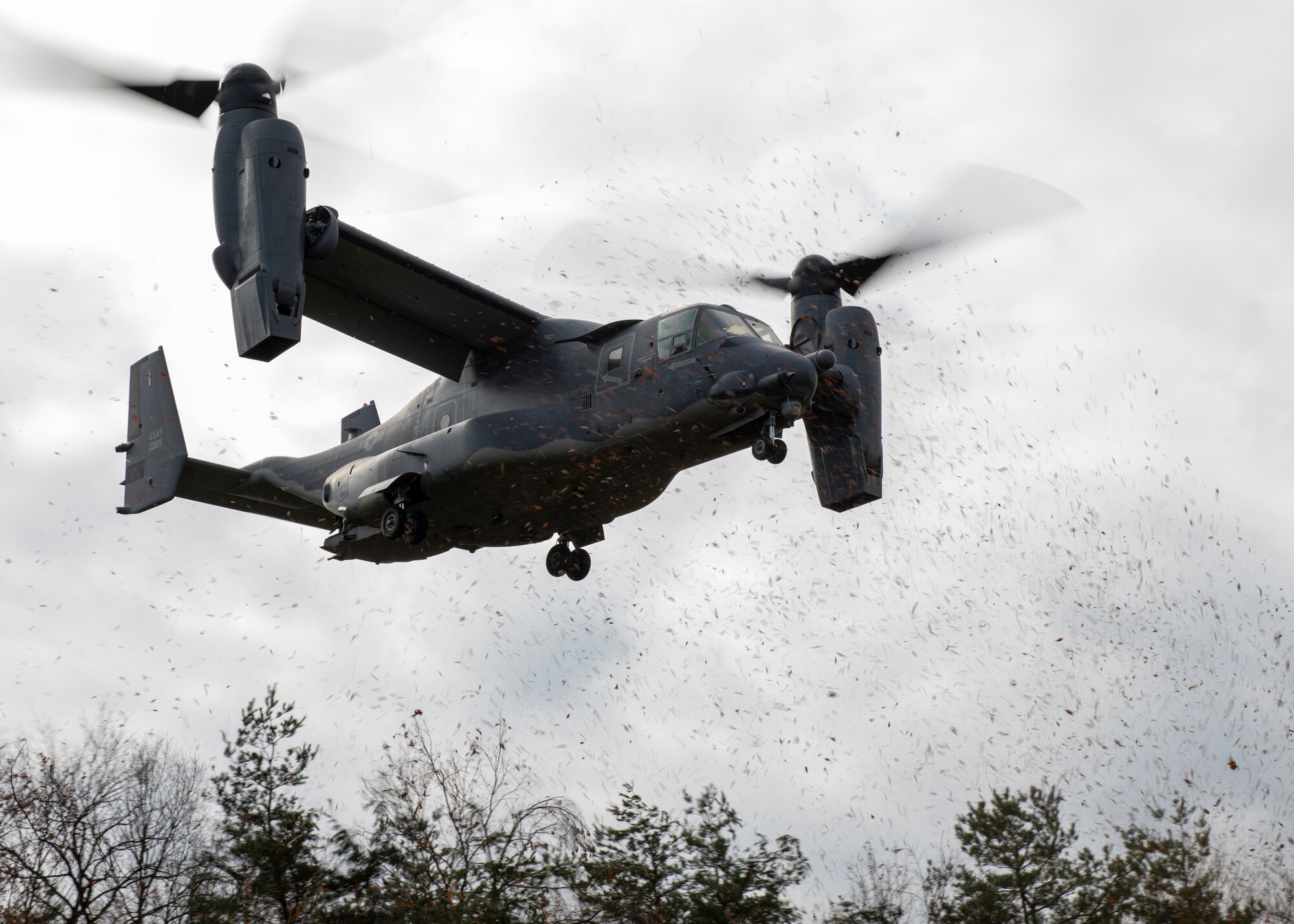A hovering Osprey aircraft skims the trees bordering a clearing as it comes in for a landing.