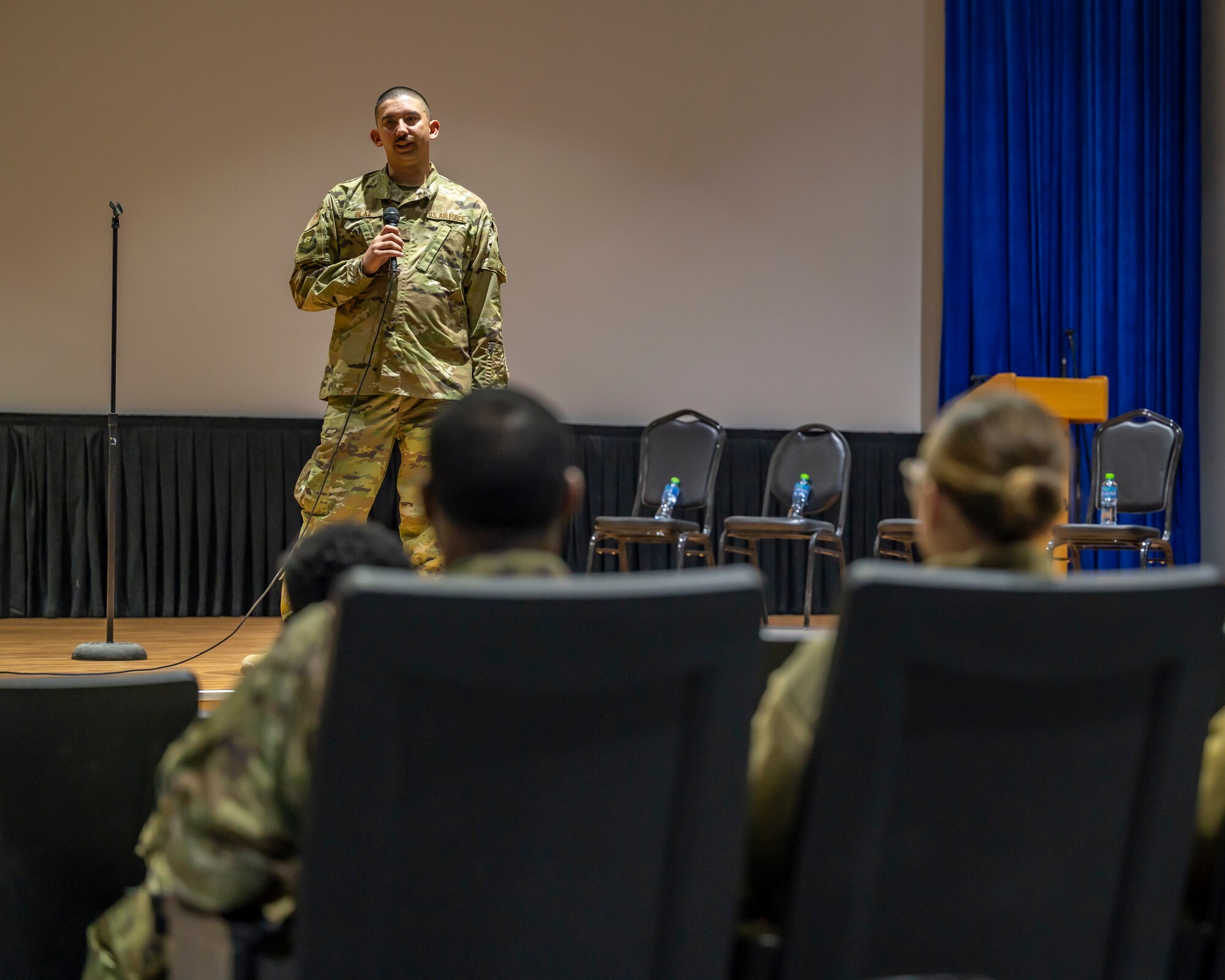 Tech. Sgt. James Blaz, 386th Air Expeditionary Wing Finance paying agent, speaks to service members during a suicide prevention seminar at Ali Al Salem Air Base, Kuwait, Dec. 15, 2021.