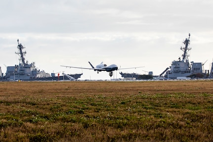 An MQ-4C Triton Unmanned Aircraft System (UAS), assigned to Unmanned Patrol Squadron 19 (VUP-19), lands
