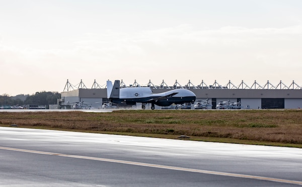 An MQ-4C Triton Unmanned Aircraft System (UAS), assigned to Unmanned Patrol Squadron 19 (VUP-19), lands at Naval Station Mayport, Fla..