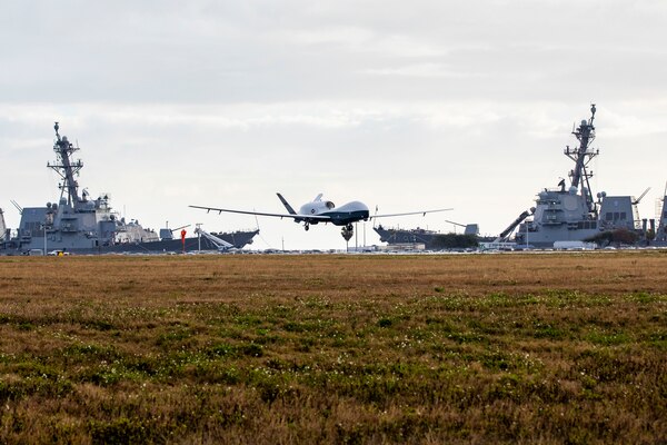 An MQ-4C Triton Unmanned Aircraft System (UAS), assigned to Unmanned Patrol Squadron 19 (VUP-19), lands at Naval Station Mayport, Fla.