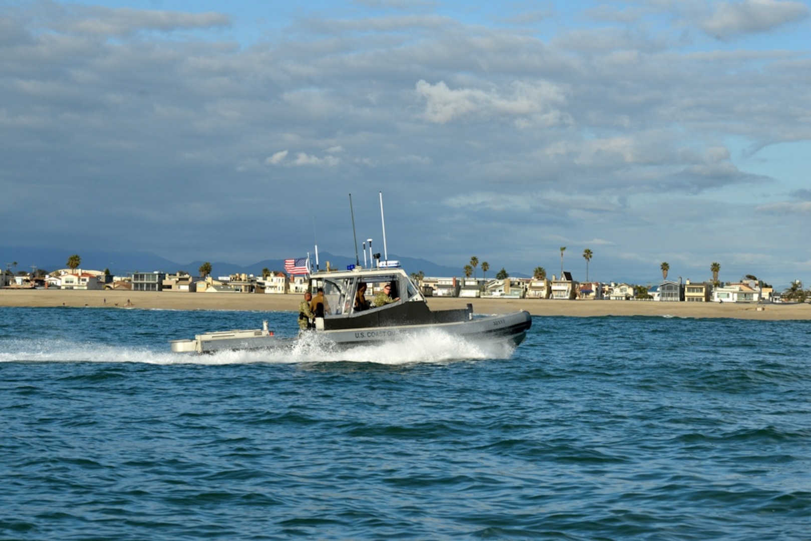 Crewmembers aboard a 32-foot Transportable Port Security Boat from Coast Guard Port Security Unit 312 patrol waterways near Port Hueneme, California, in support of Exercise Pacific Blitz 2019 (PacBlitz19), March 4, 2019. The San Francisco-based Port Security Unit deployed for PacBlitz19 which tested interoperability between the armed services and increased maritime readiness preparing service members for real-world crisis situations and global responses. (U.S. Coast Guard photo by Petty Officer 1st Class Matthew S. Masaschi).