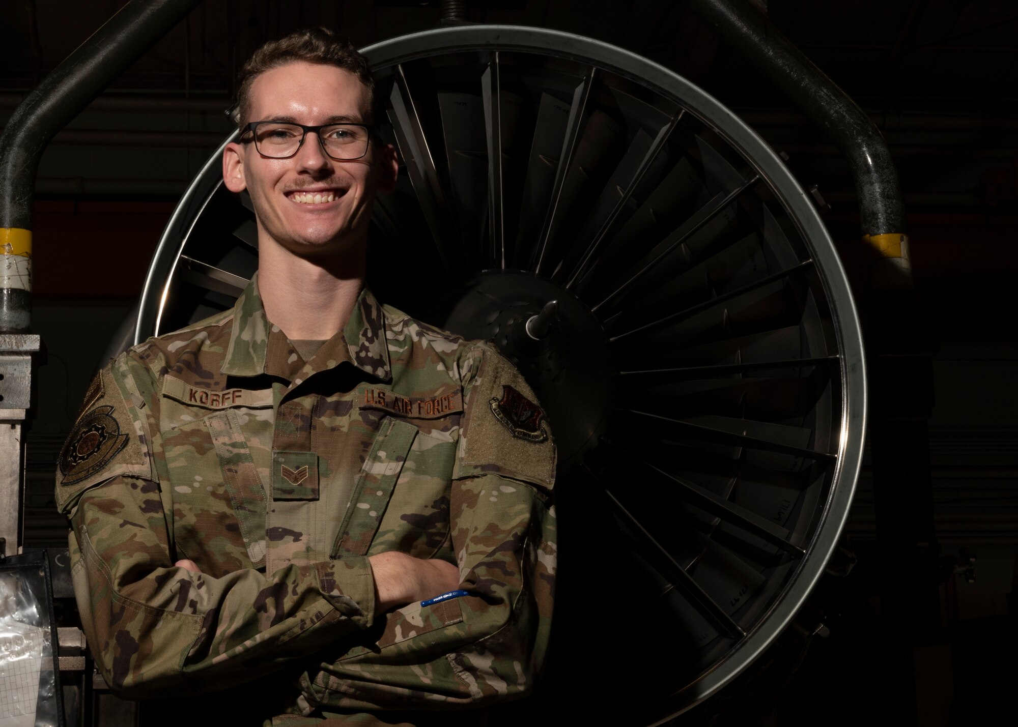 Senior Airman Zachary Korff, 4th Component Maintenance Squadron aerospace propulsions technician, poses for a photo at Seymour Johnson Air Force Base, North Carolina, Nov. 17, 2021.