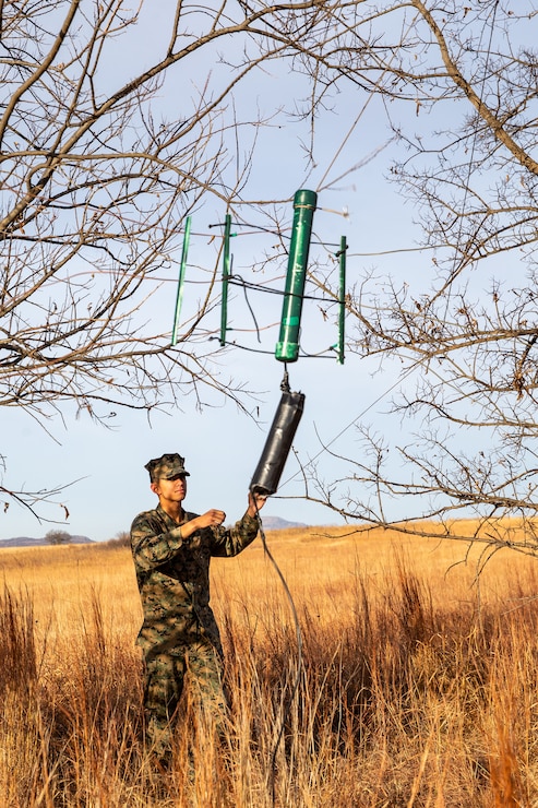 U.S. Marine Corps Lance Cpl. Aidan Groeller, a native of Apple Valley, Minn., and a radio operator with 2d Light Armored Reconnaissance Battalion, 2d Marine Division (MARDIV), sets up a Barker Williamson antenna during the 2d MARDIV High-Frequency (HF) Competition at Fort Sill, Okla., Dec. 6, 2021. The competition enhanced HF transmission proficiency and capabilities to prepare Marines for future expeditionary conflicts where areas may be either contested or degraded. (U.S. Marine Corps photo by Cpl. Elijah J. Abernathy)