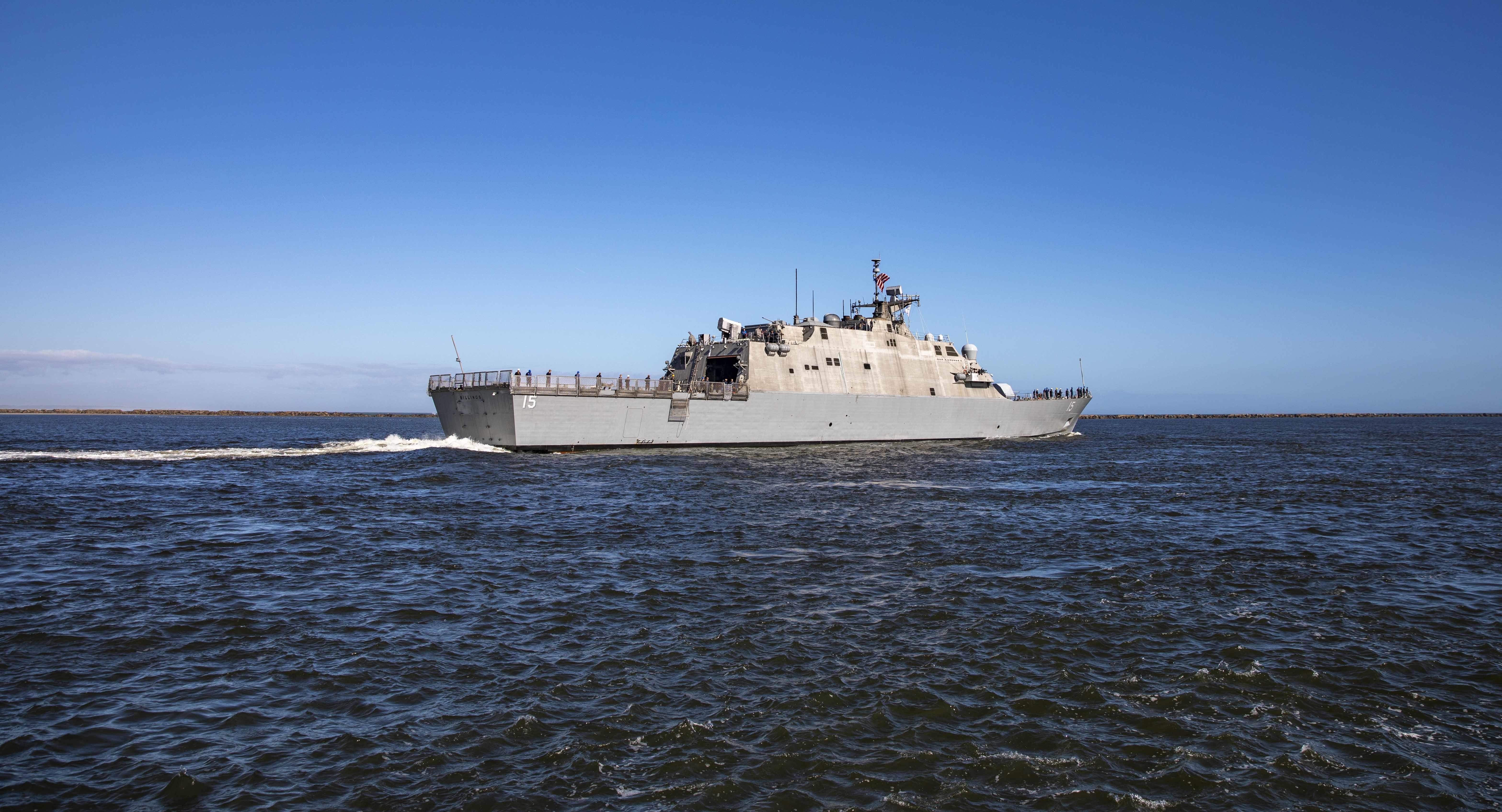 The Freedom-variant littoral combat ship USS Billings (LCS 15) departs Naval Station Mayport, Florida for the ship's second deployment.