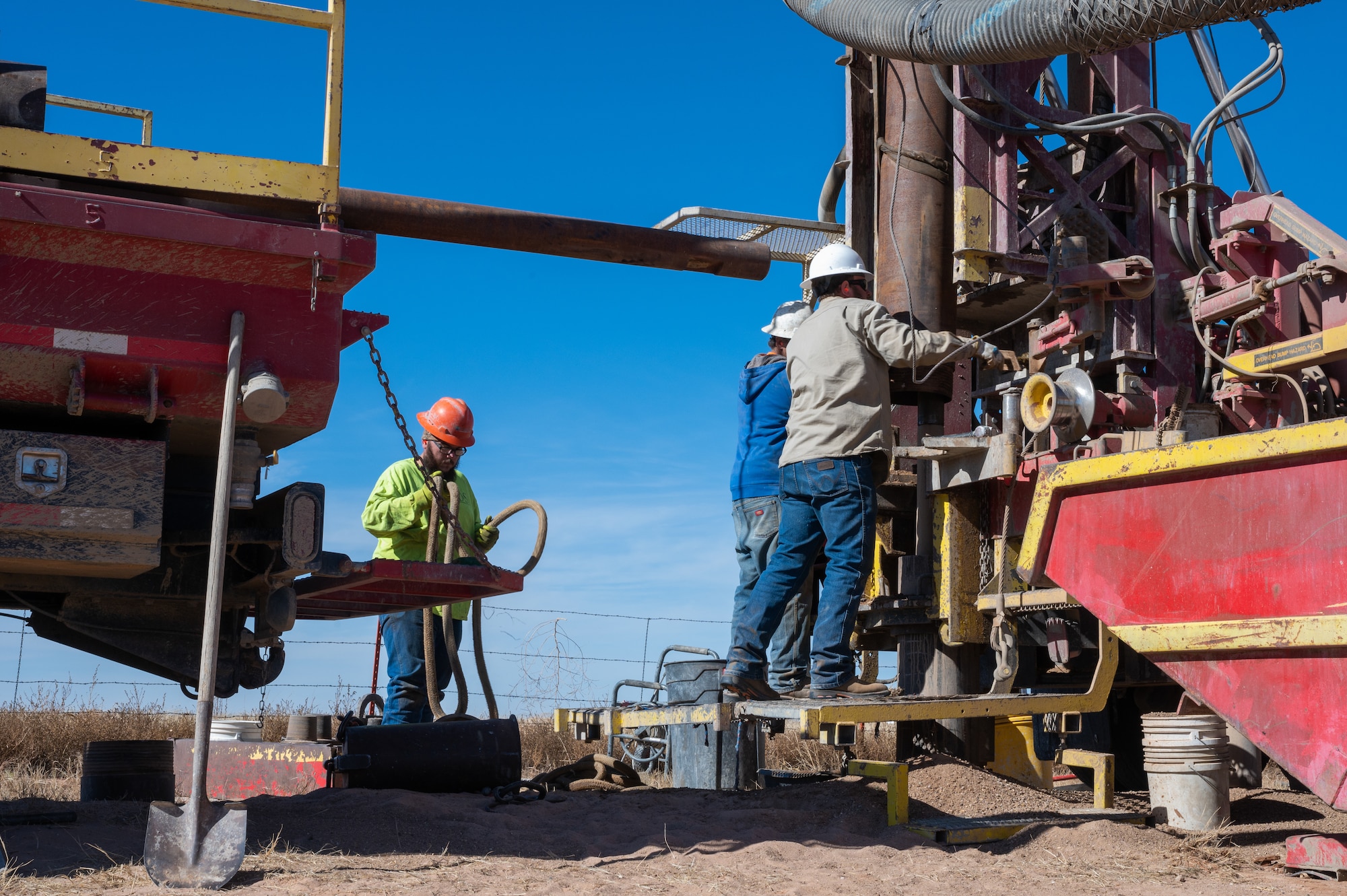 Contractors with Brice Construction Ltd. deploy an air rotary drilling rig as part of a pilot study civil engineering project during a per- and polyfluoroalkyl remedial investigation Nov. 18, 2021, at Cannon Air Force Base, New Mexico. Thanks to the $16.6M contract awarded to Cannon AFB by the U.S. Air Force, the Air Force Civil Engineer Center was able to accelerate PFAS mitigation efforts and conduct a multi-tiered study of affected water at and around the Clovis-based military installation. In addition to the remedial investigation contract, the pilot study and the Engineering Evaluation/Cost Analysis projects will identify and evaluate alternative solutions to be implemented before the final remedy once all investigations are complete.