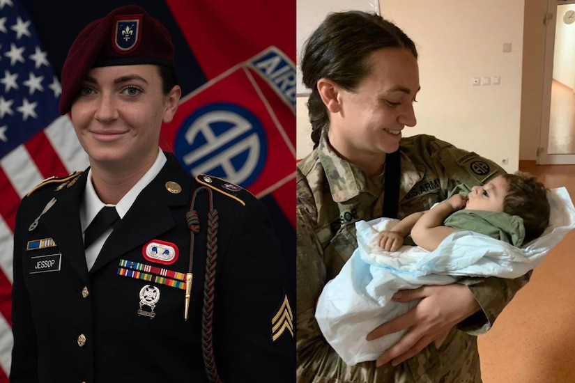 Two photos show a soldier in dress garb and a woman holding an infant.