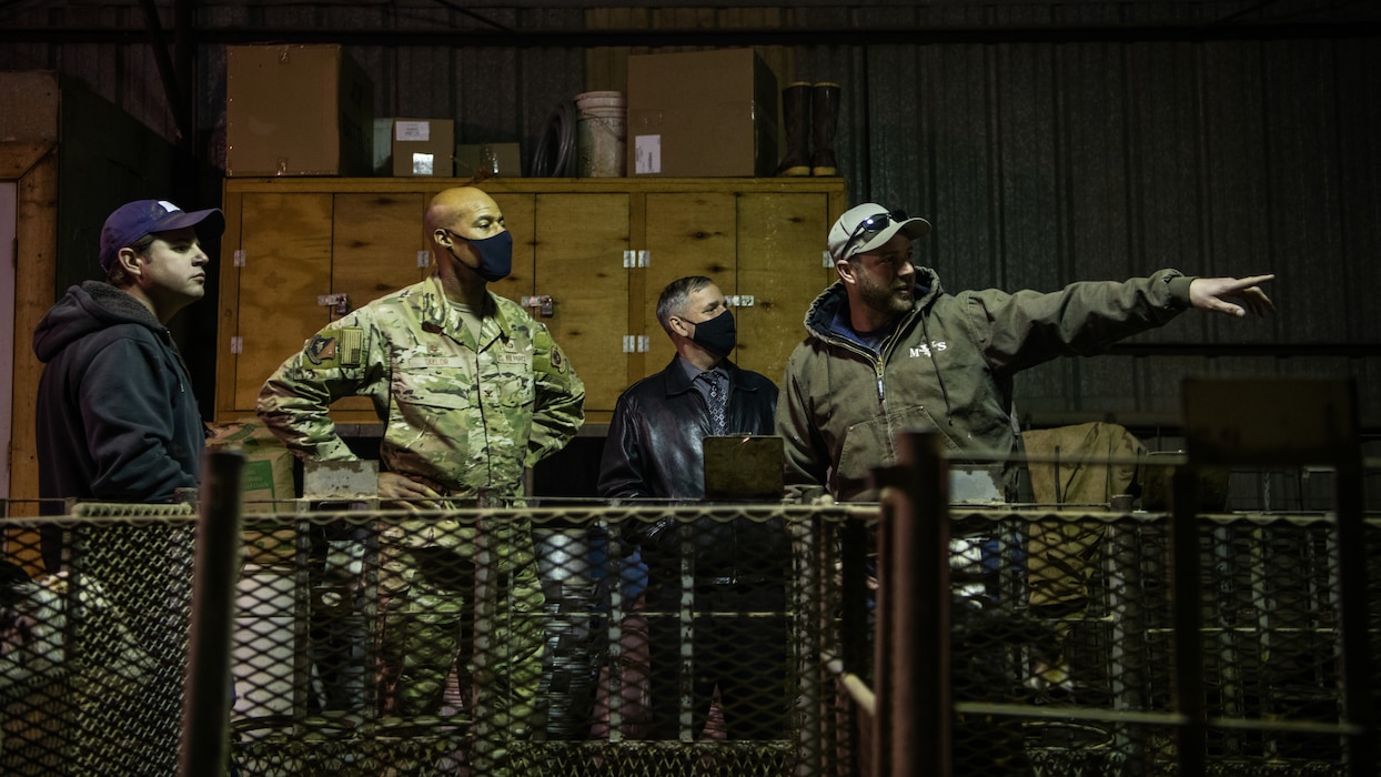 U.S. Air Force Col. Terence Taylor, 27th Special Operations Wing Commander, and Rick Masters, 27 SOW director of staff, receive a dairy farm tour from Daniel and Jonathan Vander Dussen, Rajen Dairy owners Dec. 13, 2021, at Rajen Dairy in Clovis, New Mexico. As just one aspect of the Air Force Civil Engineer Center’s ongoing PFAS remedial investigation at Cannon AFB, Col. Taylor visited the Vander Dussen brothers to better understand how surrounding agricultural facilities were affected by water contamination reported by AFCEC in 2018.