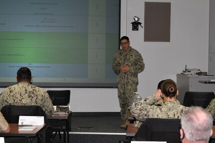 Seabee Master Chief Angel Cano teaches during a Naval Construction Force (NCF) Chief Petty Officer Leadership Course at the Naval Civil Engineer Corps Officers School.