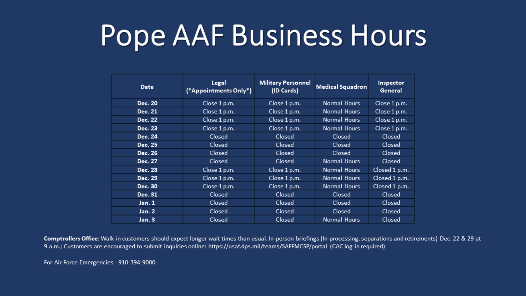 Pope AAF Business Hours