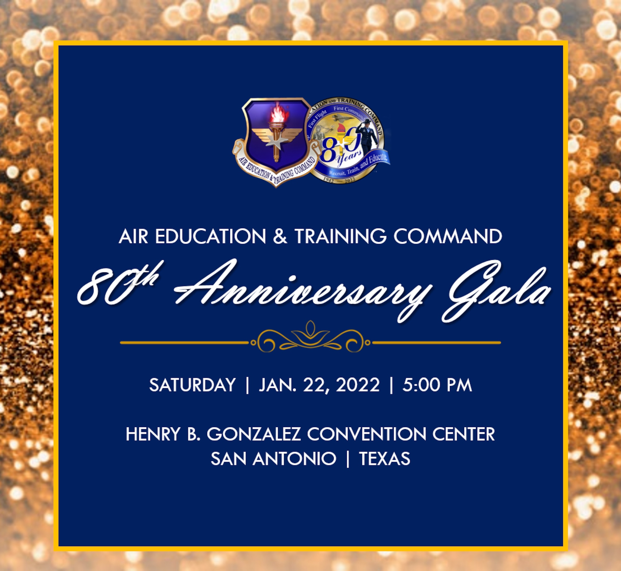 Mark your calendars for Air Education and Training Command’s 80th Anniversary Gala, Jan. 22, 2022 at 5 p.m. at the Henry B. Gonzalez Convention Center in San Antonio, Texas. The event will feature a prominent Air Force leader as the keynote speaker, and a live performance by Velocity of U.S. Air Force Band of the West. Also, emceeing the event will be celebrity media personality, Elizabeth Ruiz, a 40-year veteran radio icon and San Antonio Radio Hall of Fame inductee. (U.S. Air Force graphic by Capt. Kenya Pettway)