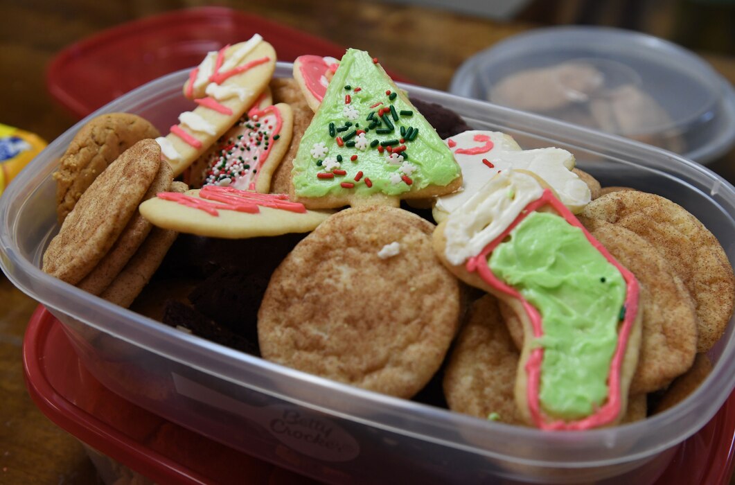 Homemade cookies are on display inside Avery Manor at Keesler Air Force Base, Mississippi, Dec. 17, 2021. The Keesler's First Sergeant Council hosted the Holiday Cookie Drop event for permanent party Airmen to show their appreciation during the holiday season. (U.S. Air Force photo by Kemberly Groue)