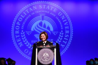 Gen. Laura Richardson gives the keynote address during the Metropolitan State University of Denver's Fall Commencement ceremony.