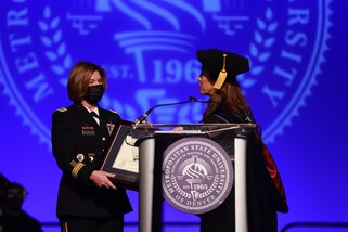 Gen. Laura Richardson gives the keynote address during the Metropolitan State University of Denver's Fall Commencement ceremony.