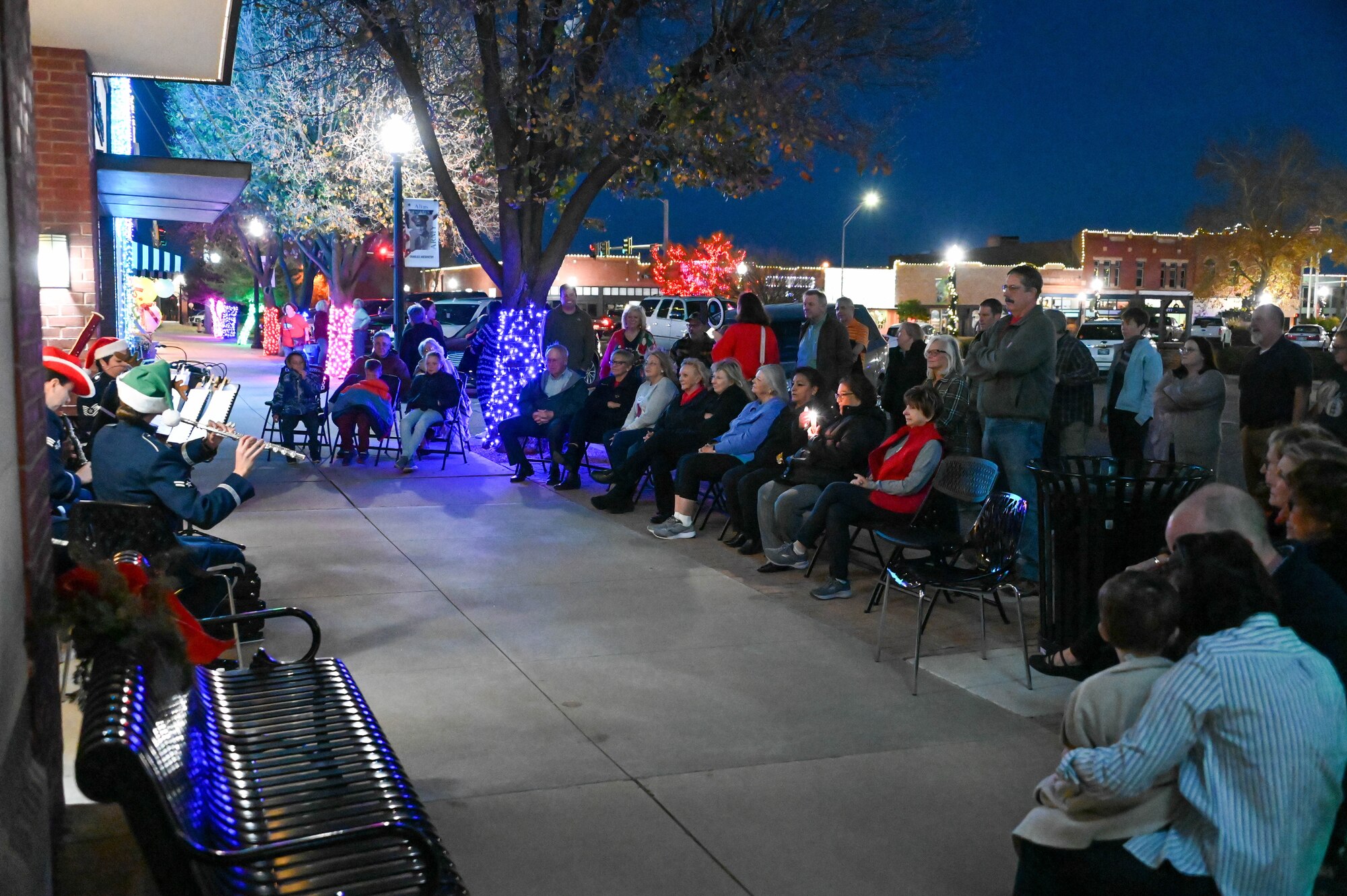 The U.S. Air Force Band of the West plays at the Altus Town Square, Oklahoma, Dec. 14, 2021. One of the USAF Band of the West’s objectives is to increase public understanding of the importance of airpower, the mission, policies, and programs of the Air Force and the bravery, sacrifice and dedication of Airmen. (U.S. Air Force photo by Airman 1st Class Kayla Christenson)