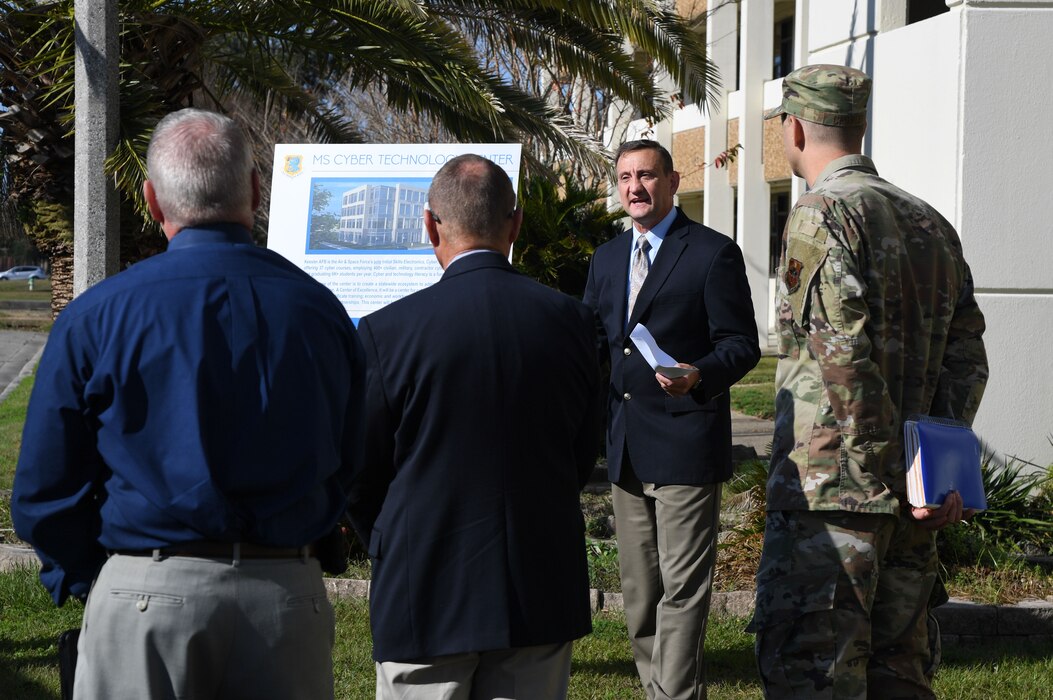 Dr. Michael Murders, 338th Training Squadron training support flight chief, provides a briefing to Keesler Civic Leaders on the proposed site for the Mississippi Cyber Technology Center at Keesler Air Force Base, Mississippi, Dec. 16, 2021. The proposed cyber center is an example of continuing to strengthen our capabilities through community partnerships. (U.S. Air Force photo by Kemberly Groue)
