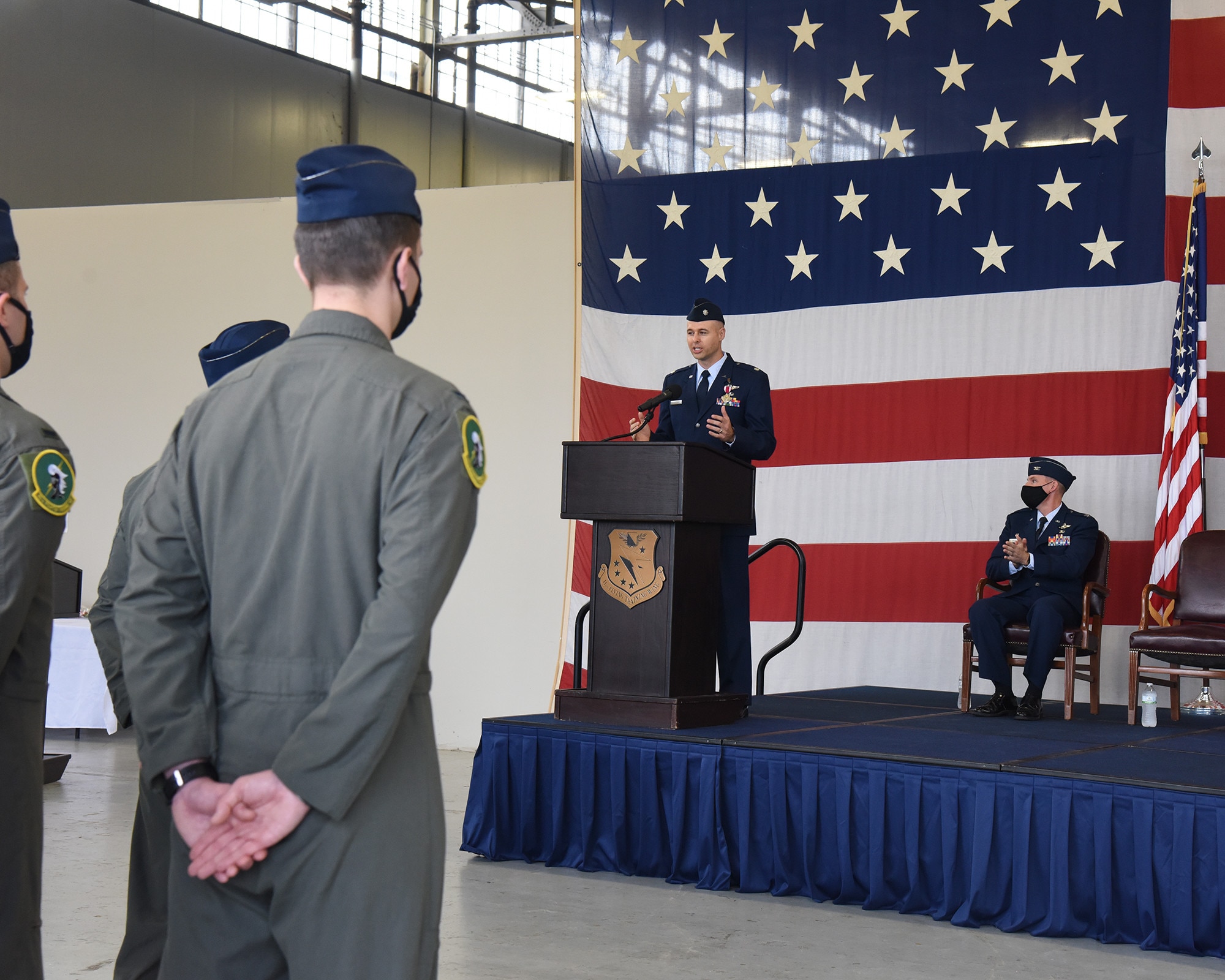 U.S. Air Force Lt. Col. Darin Elgersma, 49th Fighter Training Squadron outgoing commander gives closing remarks at the change of command ceremony Dec. 16, 2021, on Columbus Air Force Base, Miss. The mission of the 49th FTS is to develop fighter wingmen with the vision to embody pride in their mission, continuously advance tactical proficiency and demonstrate the highest level of professionalism. (U.S. Air Force photo by Elizabeth Owens)