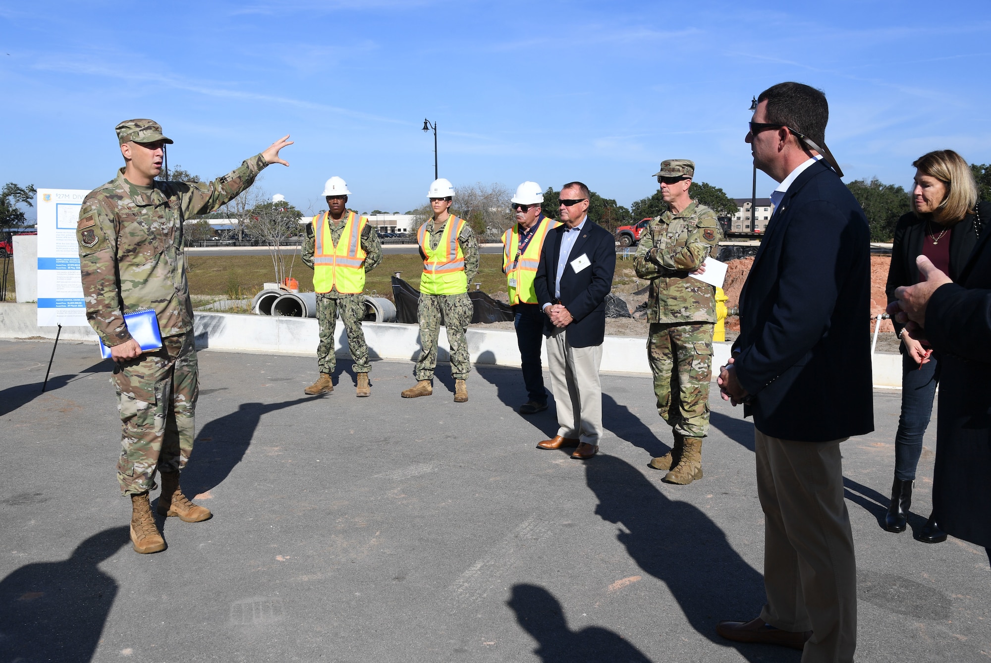 U.S. Air Force Col. Ryan Crowley, 81st Mission Support Group commander, provides Keesler Civic Leaders with a Division Street Gate construction update at Keesler Air Force Base, Mississippi, Dec. 16, 2021. The project is the culmination of continued partnership between the base and the City of Biloxi.  (U.S. Air Force photo by Kemberly Groue)