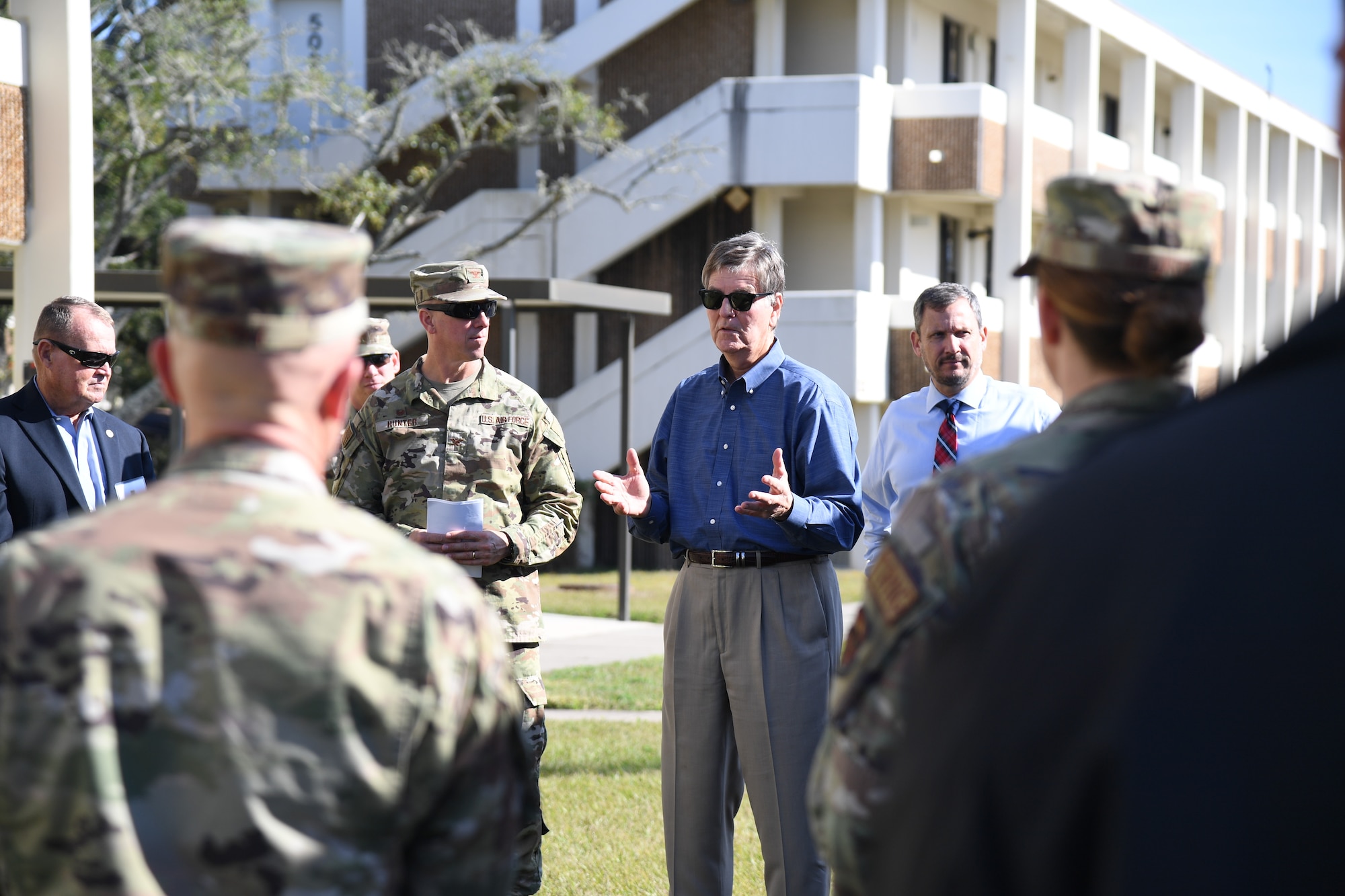 Mayor Andrew "FoFo" Gilich, Mayor of Biloxi, Mississippi, delivers comments during a Keesler Civic Leaders tour at the proposed site for the Mississippi Cyber Technology Center at Keesler Air Force Base, Mississippi, Dec. 16, 2021. The proposed cyber center is an example of continuing to strengthen our capabilities through community partnerships. (U.S. Air Force photo by Kemberly Groue)