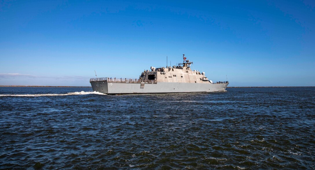 The Freedom-variant littoral combat ship USS Billings (LCS 15) departs Naval Station Mayport, Florida for the ship's second deployment.