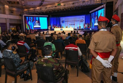 Representatives from multiple countries, agencies, and non-government agencies listen to subject matter experts address those attending the Bangladesh Disaster Response Exercise and Exchange (DREE) 2021 hosted by The Bangladesh Ministry of Disaster Management and Relief (MoDMR), Bangladesh Armed Forces Division (AFD), and the United States Army Pacific (USARPAC), at Dhaka, Bangladesh on Oct. 26, 2021. The DREE brings together over 30 countries working in partnership (or collaboration) with government and non-government organizations to compare best practices for disaster relief, culminating in a table-top exercise to simulate a large-scale earthquake response.