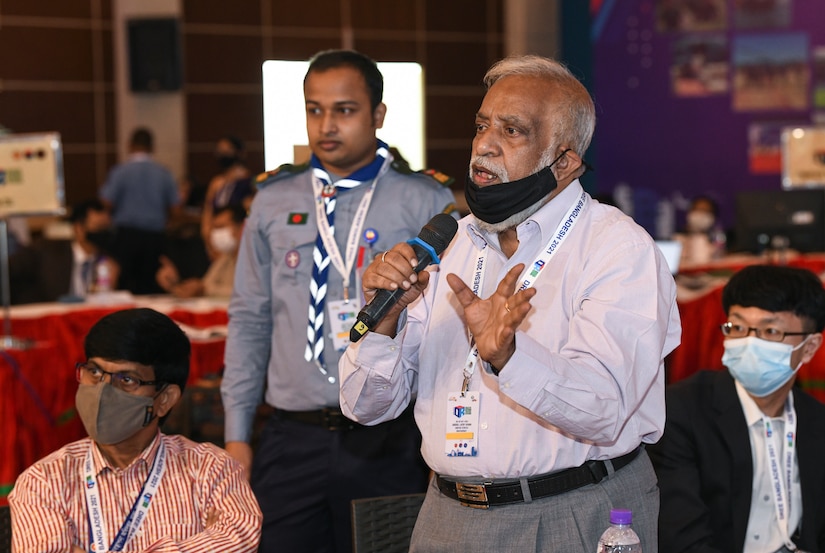 Mr. Abdul Latif from the Bureau of Humanitarian Assistance gives feedback to one of the questions presented as part of the 2021 the Bangladesh Disaster Response Exercise and Exchange (DREE) hosted by The Bangladesh Ministry of Disaster Management and Relief (MoDMR), Bangladesh Armed Forces Division (AFD), and the United States Army Pacific (USARPAC), at Dhaka, Bangladesh on Oct. 27, 2021. The DREE brings together over 30 countries working in partnership (or collaboration) with government and non-government organizations to compare best practices for disaster relief, culminating in a table-top exercise to simulate a large-scale earthquake response.