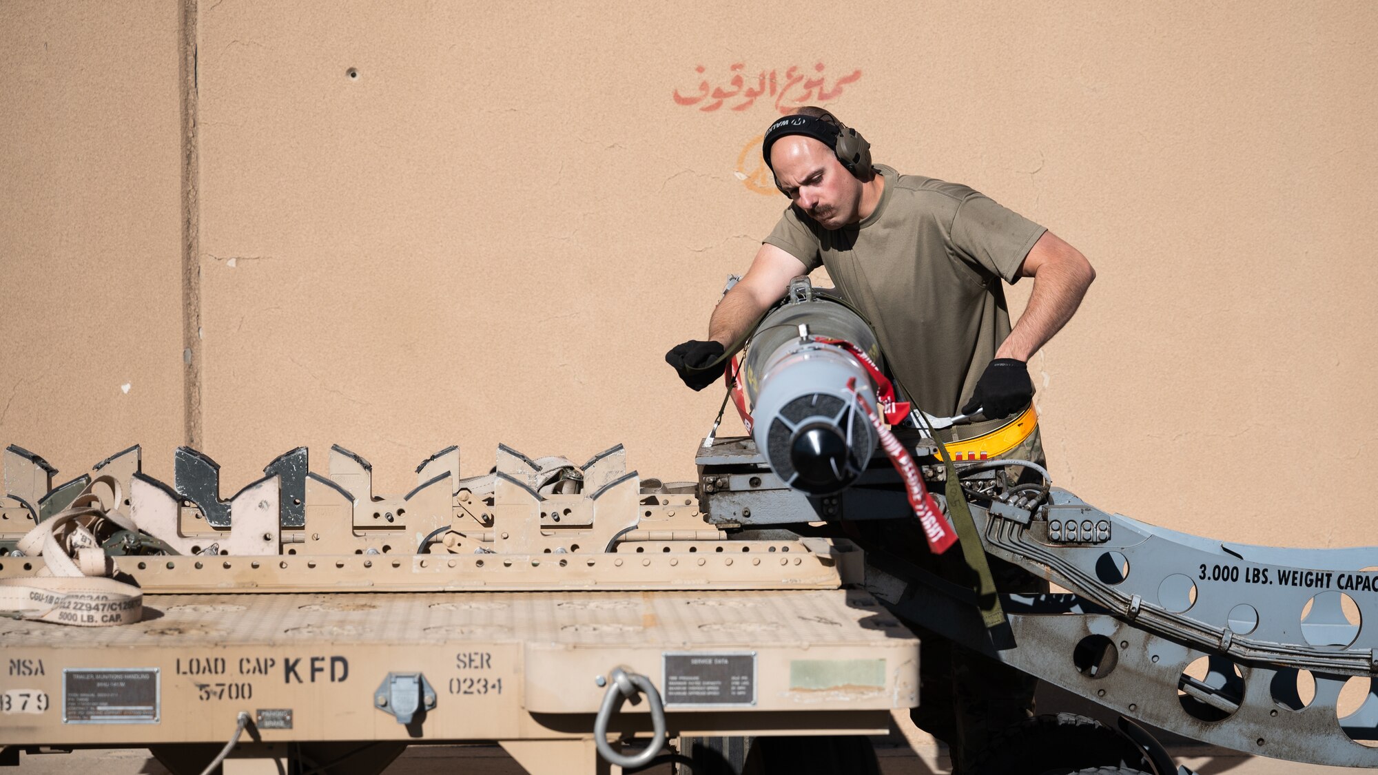 Tech. Sgt. Joseph Wetzel, 378th Expeditionary Maintenance Squadron weapons systems crew chief, prepares to transport munitions at King Fahad Air Base, Kingdom of Saudi Arabia, Dec. 7, 2021. By working with host nation partners, the 378th Air Expeditionary Wing looks to forge resolute partnerships within the region. (U.S. Air Force photo by Senior Airman Jacob B. Wrightsman)